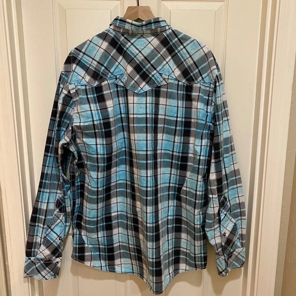 BKE Vintage 67 Athletic‎ Fit Plaid Pearl Snap Western Long Sleeve Teal/Black XXL